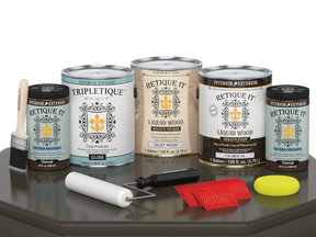 Glossy charcoal Wood'n Finish Kit by Retique It® for interior wood projects, includes four large wood finish bottles.