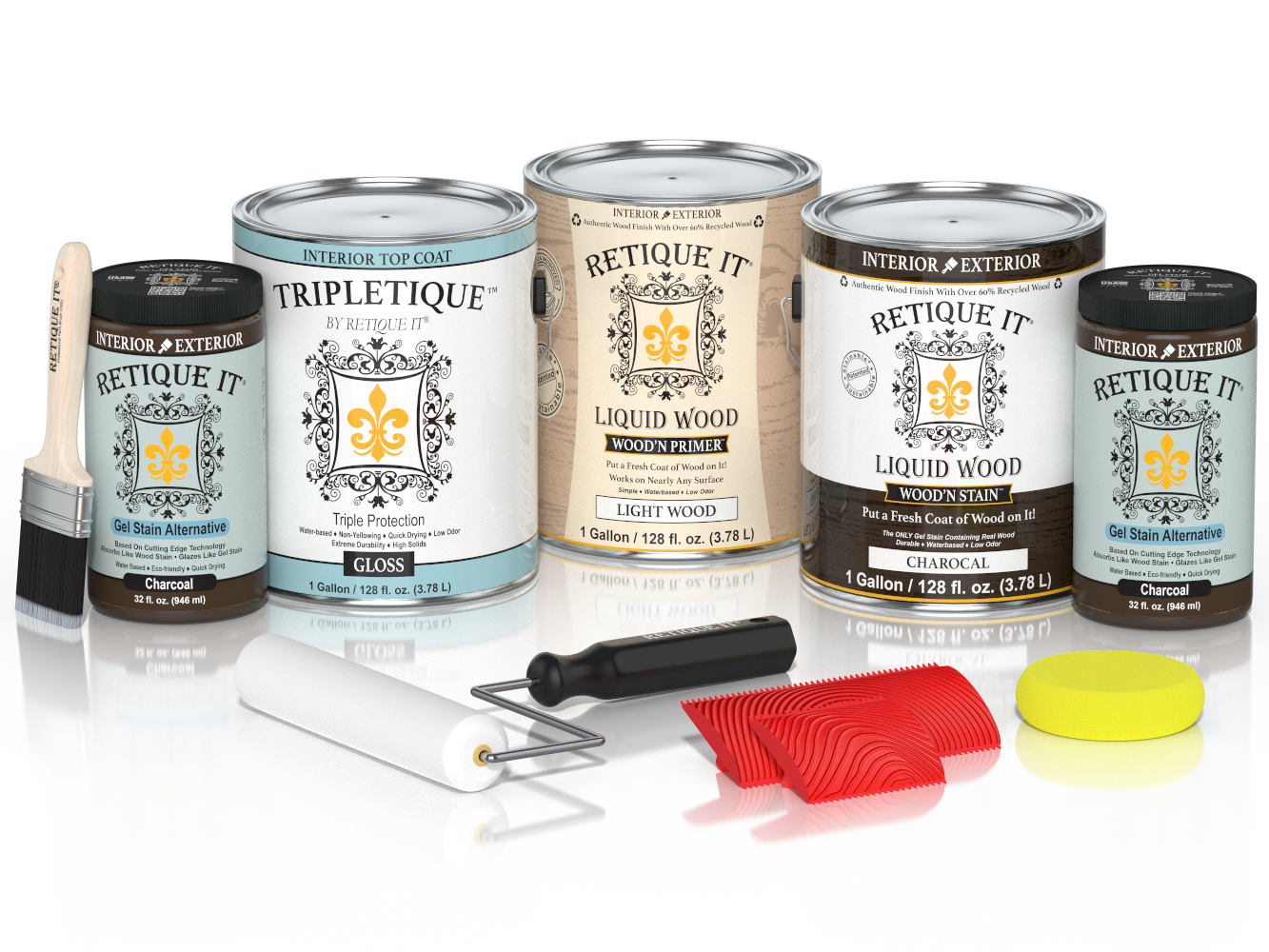 Retique It® Wood'n Finish Kit with four large charcoal interior top coat bottles, glossy wood finish for interior projects.
