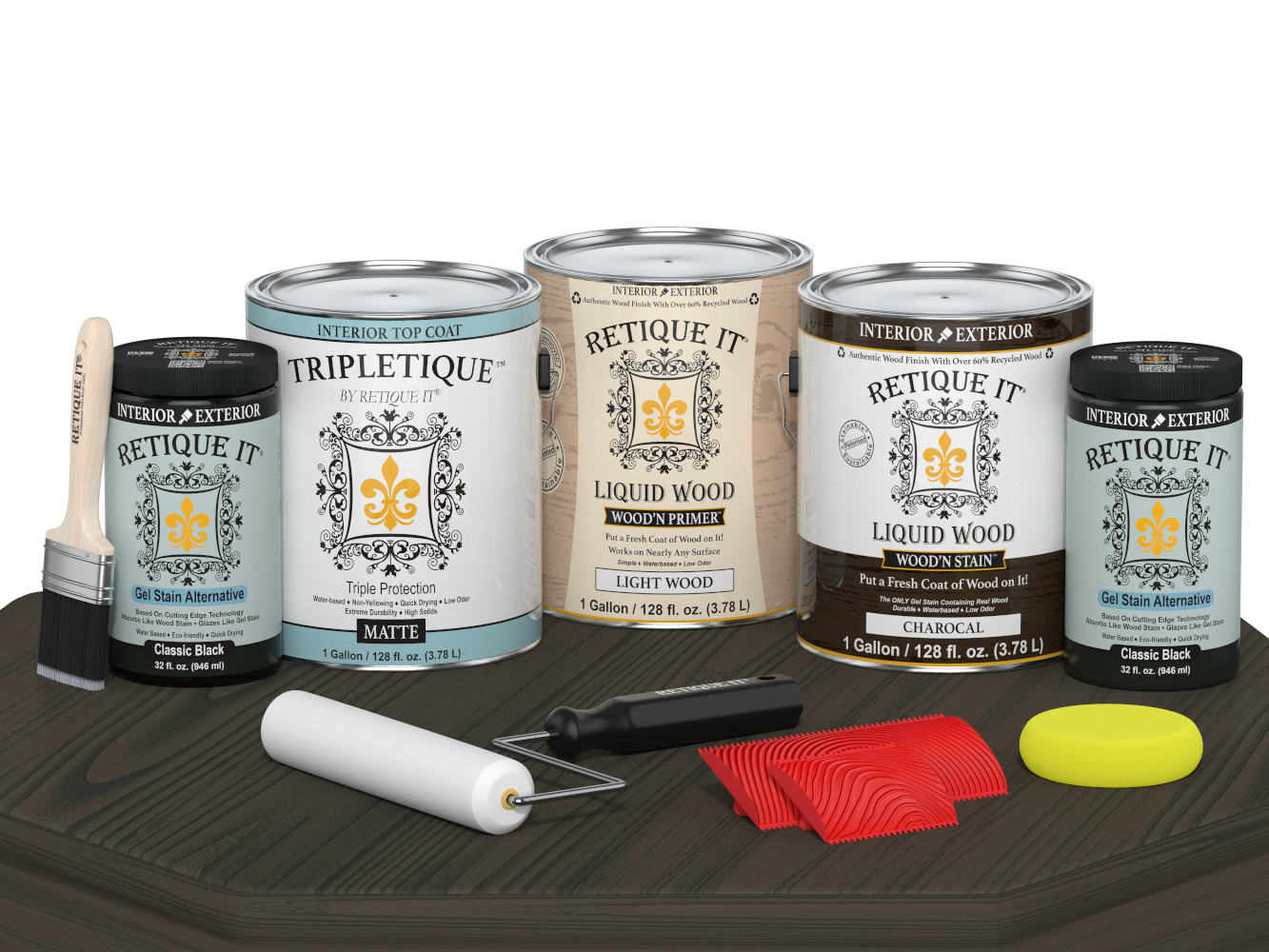 Retique It® Wood'n Cabinet Kit with charcoal stain, 48 grained cabinet doors, matte finish, displayed on a table.