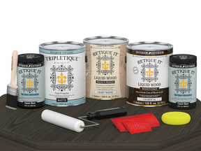 Retique It® Wood'n Cabinet Kit with charcoal stain, 48 grained cabinet doors, matte finish, displayed on a table.