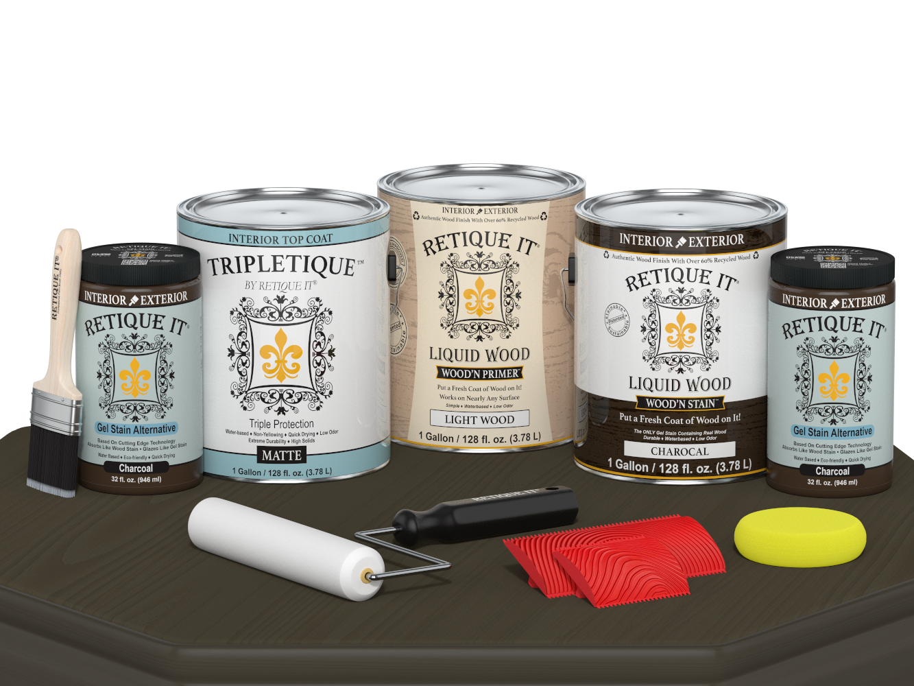 Retique It® Wood'n Finish Kit in Charcoal with matte top coat, showing four large bottles for interior wood finishing projects.