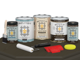 Retique It® Wood'n Finish Kit in Charcoal with matte top coat, showing four large bottles for interior wood finishing projects.