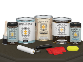 Retique It® Wood'n Finish Kit in Charcoal with matte top coat, showing four large bottles for interior wood finishing projects.