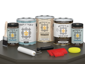 Retique It® Wood'n Kit with 4 large charcoal satin interior top coat finish on a table surface.