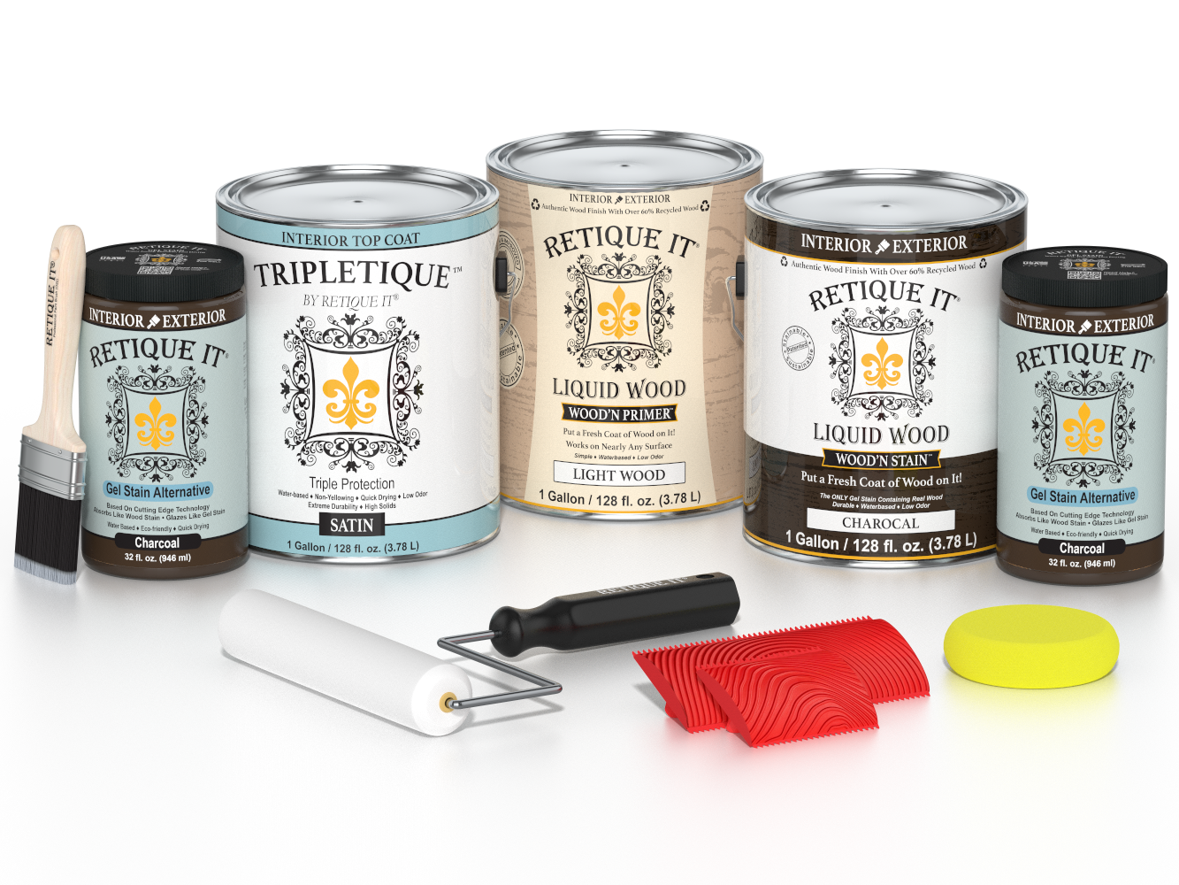 Retique It® Wood'n Kit in Charcoal, interior top coat for wood, includes four large satin finish wood finish containers.