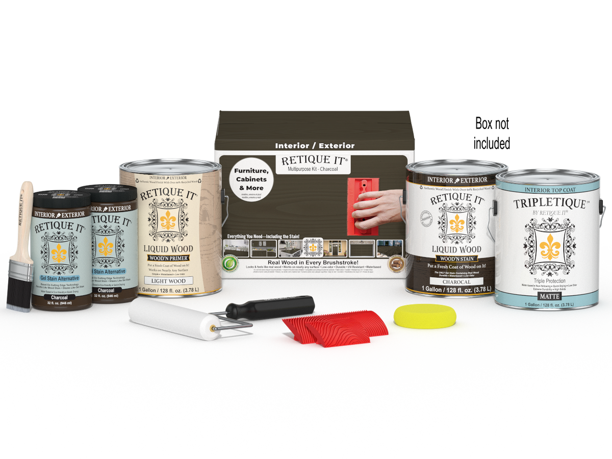 Retique It® Wood'n Kit in charcoal, interior top coat, showing four large wood finish bottles and packaging for multi-purpose use.