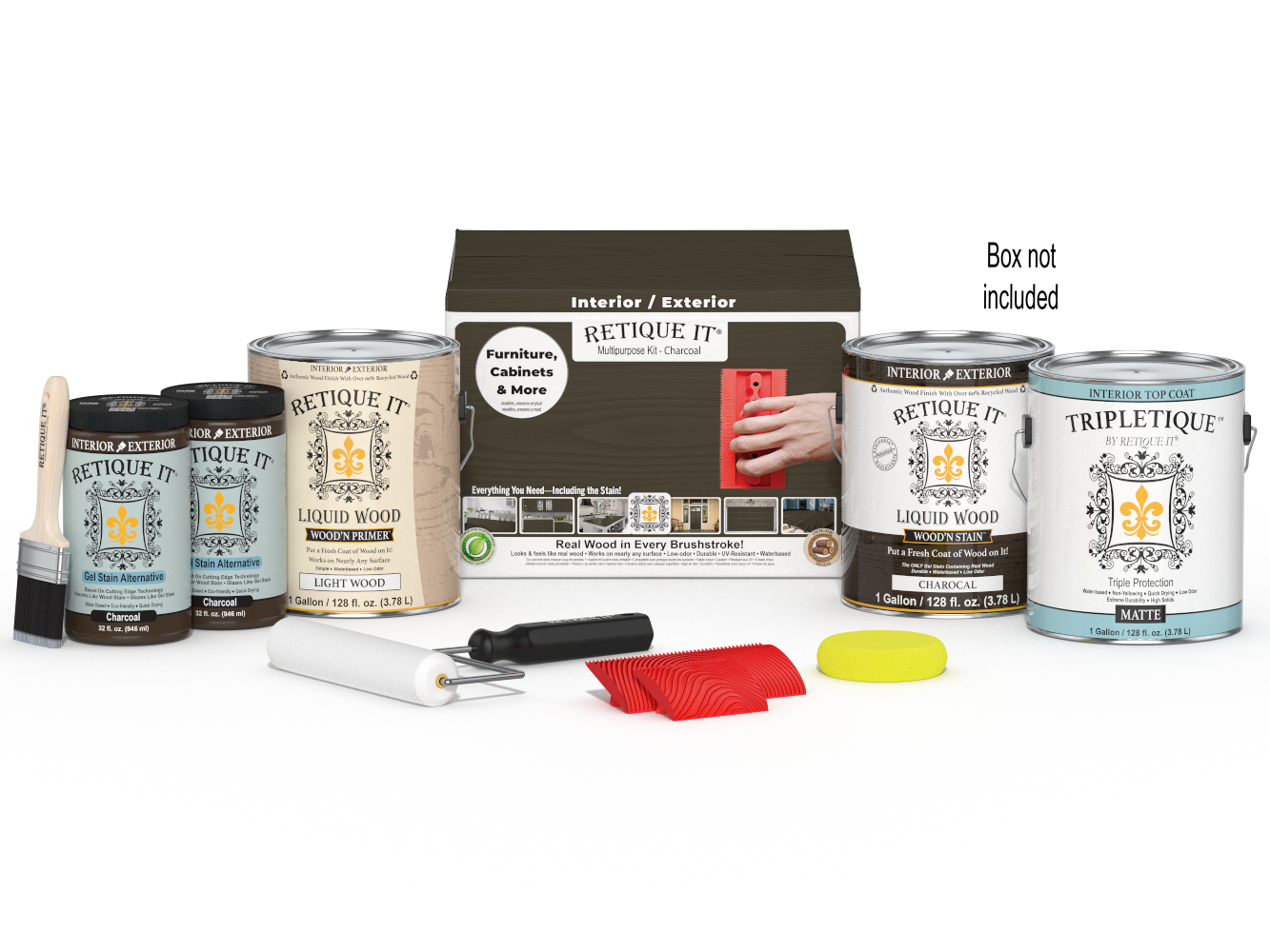 Retique It® Wood'n Kit in charcoal, interior top coat, showing four large wood finish bottles and packaging for multi-purpose use.