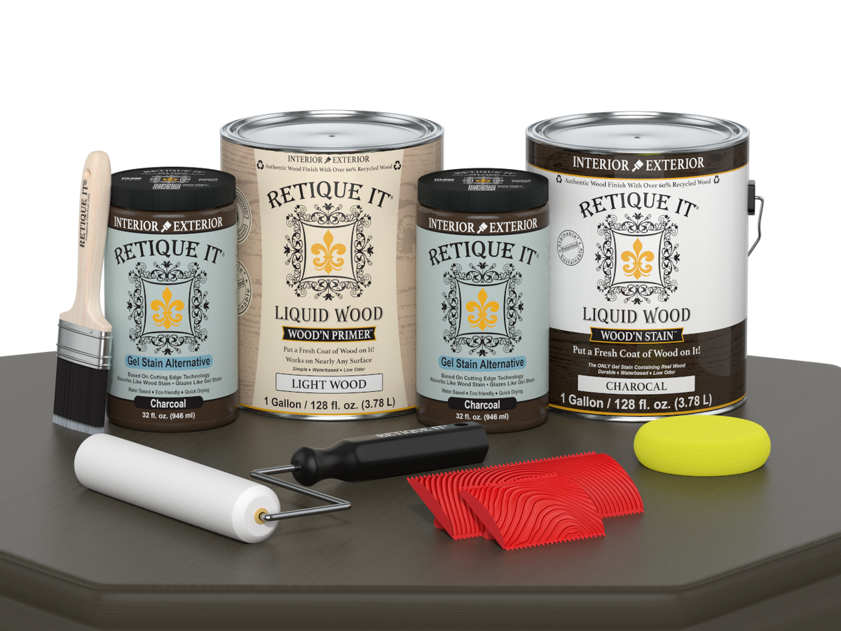 Retique It® Wood'n Cabinet Kit in Charcoal with 48 grained cabinet doors, showing textured wood grain stain finish.
