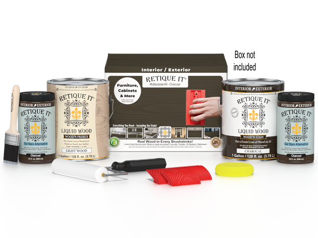 Retique It Wood'n Finish Kit in Charcoal, multi-purpose wood finishing set with four large containers and applicator tools.