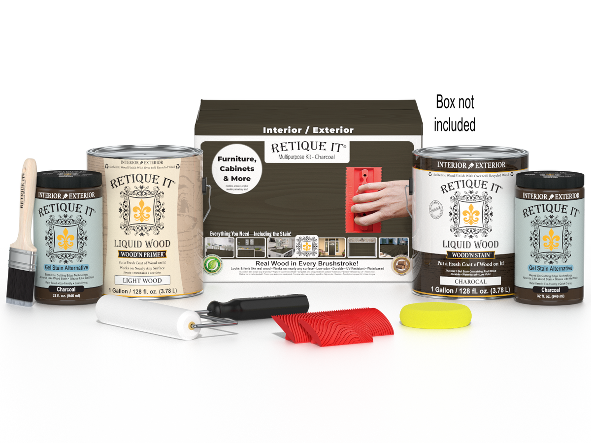 Retique It® Wood'n Finish Kit in Charcoal with four large bottles and a box, designed for multi-purpose wood finishing projects.