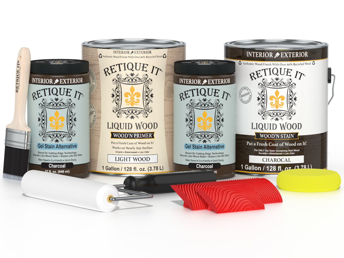 Retique It® Wood'n Finish Kit in charcoal, multi-purpose wood finishing set with four large bottles for furniture and craft projects.