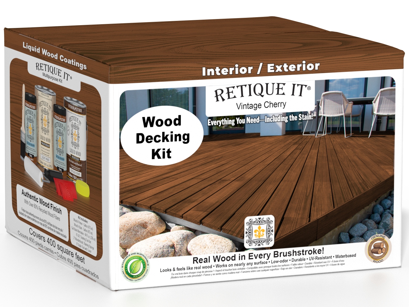 Retique It® Vintage Cherry Decking Wood'n Kit stain applied to wooden decking, showcasing rich cherry color and finish.