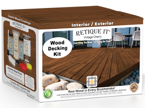 Retique It® Vintage Cherry Decking Wood'n Kit stain applied to wooden decking, showcasing rich cherry color and finish.