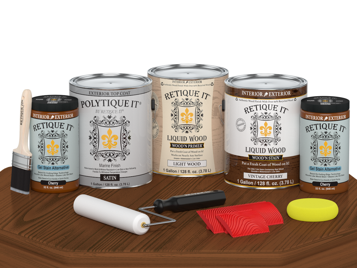 Retique It Vintage Cherry Decking Wood'n Kit stain swatch on a surface showing a satin finish for outdoor decking projects.