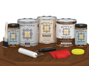 Retique It® Vintage Cherry Decking Wood'n Kit stain swatch on a surface showing a satin finish for outdoor decking projects.
