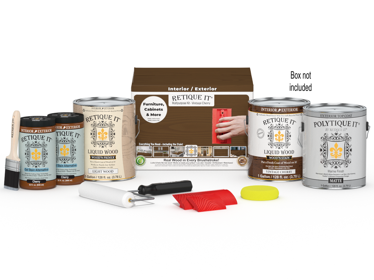 Retique It® Wood'n Finish Kit in Vintage Cherry with four large exterior top coat containers and applicator tools.