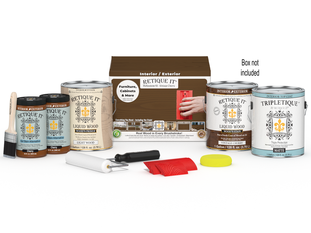 Retique It® Wood'n Finish Kit in Vintage Cherry, interior top coat set with four large containers for wood finishing projects.
