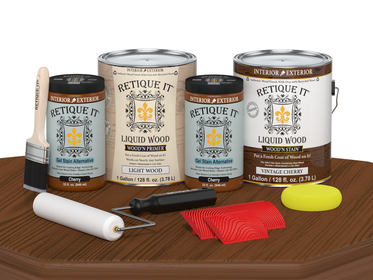 Retique It® Wood'n Cabinet Kit in Vintage Cherry stain with 48 grained cabinet doors, showcasing natural wood grain and rich color.