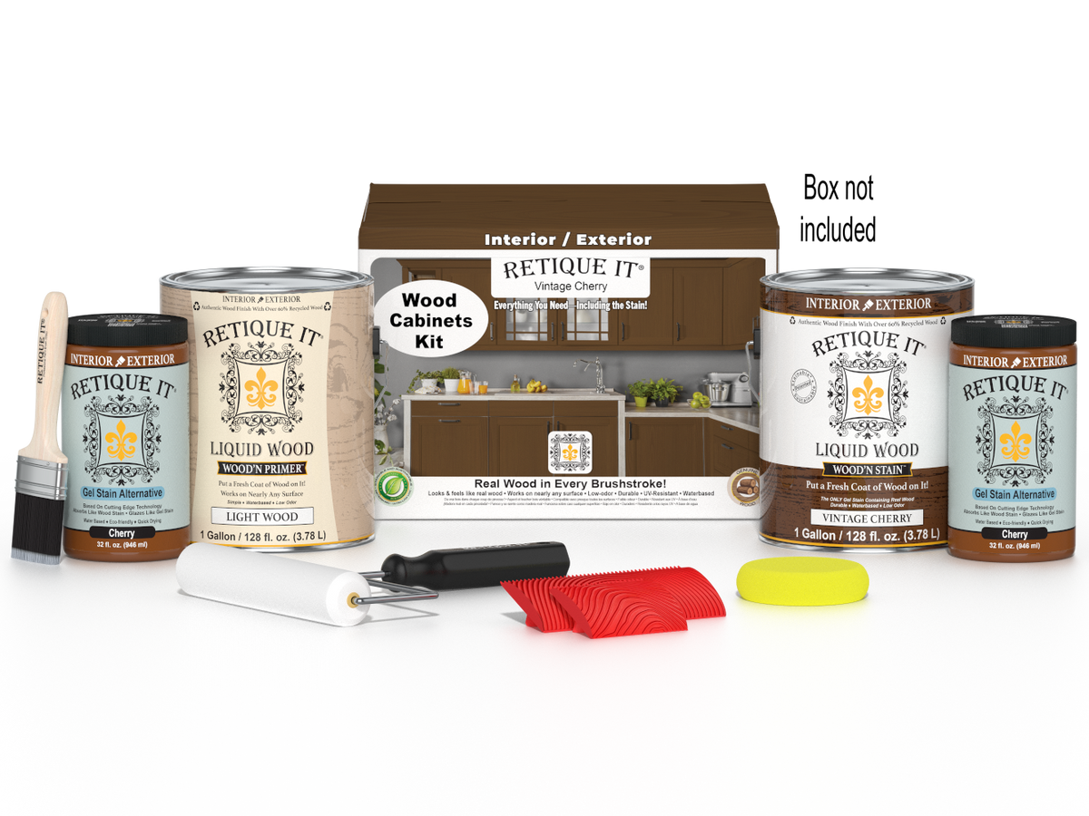 Retique It Wood'n Cabinet Kit in vintage cherry stain, includes 48 grained cabinet doors for wood furniture renovation.