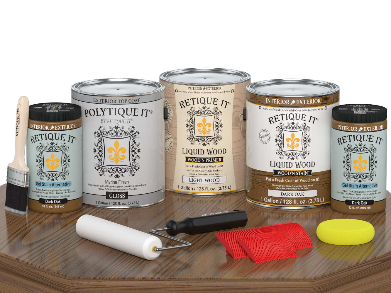 Retique It® Wood'n Kit multi-purpose exterior top coat in dark oak for wood decking with rustic finish.