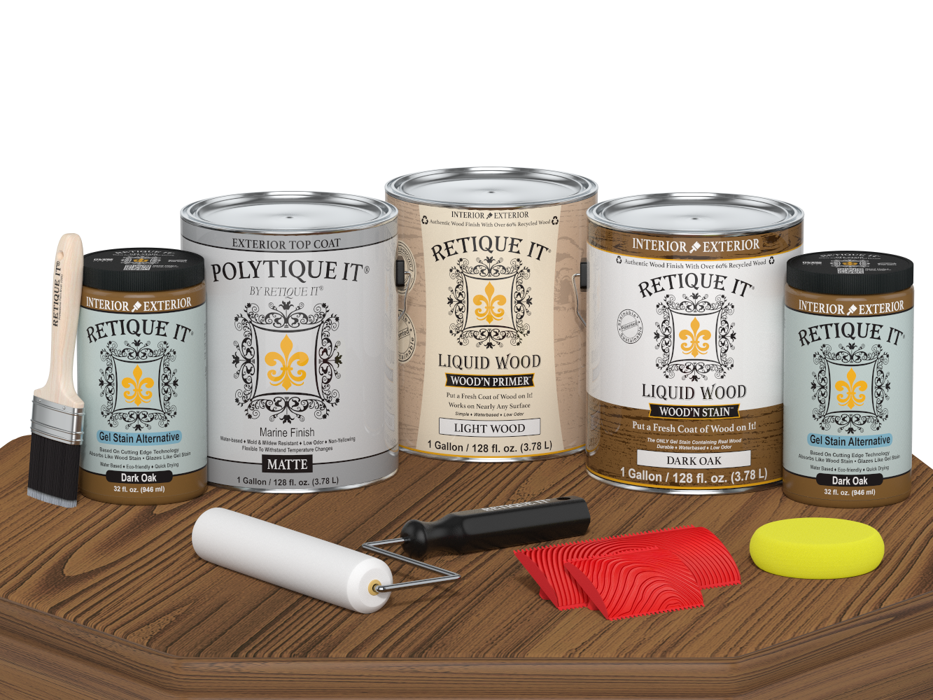 Retique It® Wood'n Kit in Dark Oak with four large exterior top coat containers and a finishing palette for wood projects.