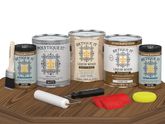 Retique It® Wood'n Kit in Dark Oak with four large exterior top coat containers and a finishing palette for wood projects.