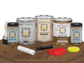 Retique It® Wood'n Kit in Dark Oak with four large exterior top coat containers and a finishing palette for wood projects.