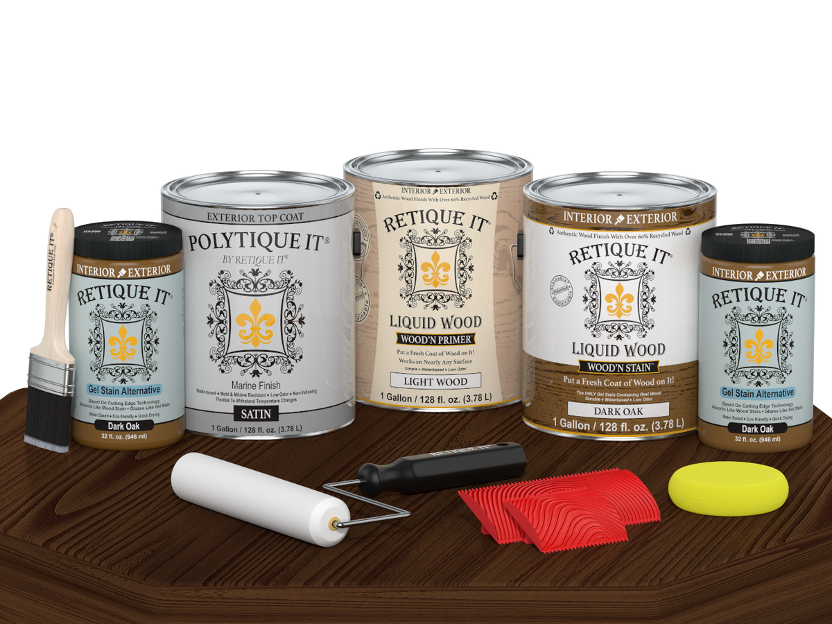 Dark oak decking wood stain kit by Retique It, featuring satin finish stain applied on a wooden surface with a smooth, polished look.