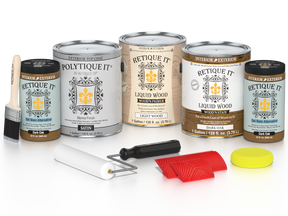 Retique It® Wood'n Kit in dark oak with satin finish, designed for exterior wood surfaces, includes four large containers of top coat.