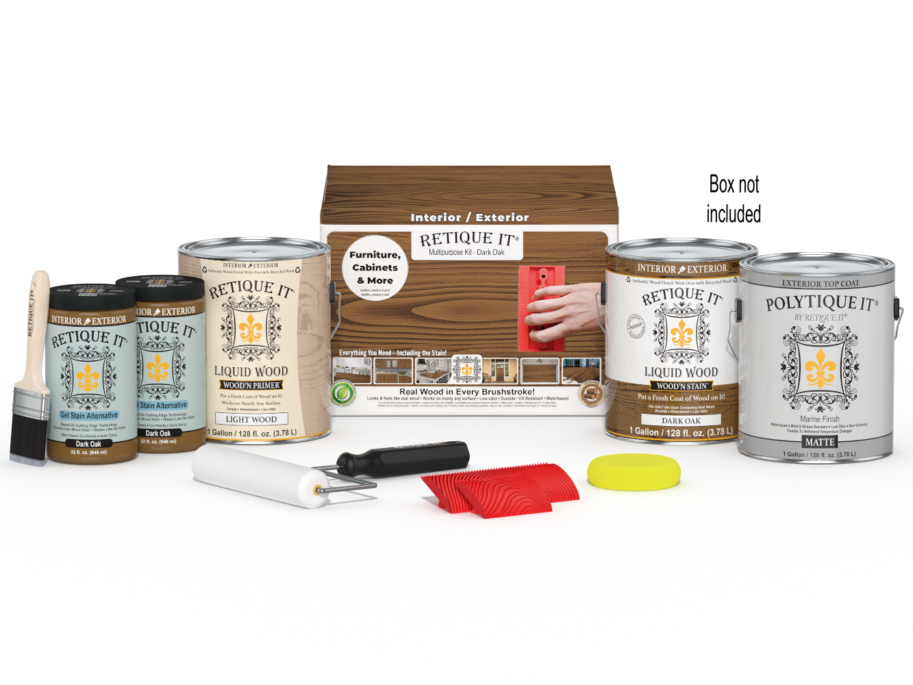 Retique It® Wood'n Kit in Dark Oak with four large exterior top coat containers and a finishing palette for wood projects.