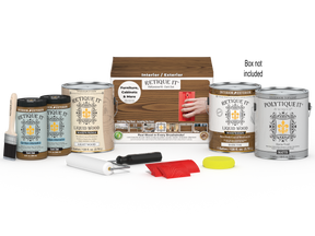 Retique It® Wood'n Kit in Dark Oak with four large exterior top coat containers and a finishing palette for wood projects.