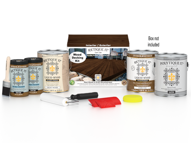 Retique It Dark Oak Decking Wood'n Kit stain with a box of staining supplies and sample wood planks.