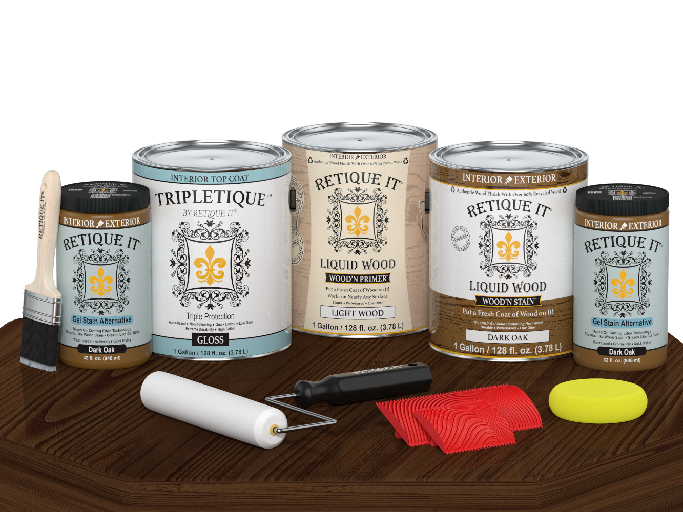 Retique It® Wood'n Cabinet Kit with 48 dark oak grained cabinet doors and gloss stain finish, displayed on a table.