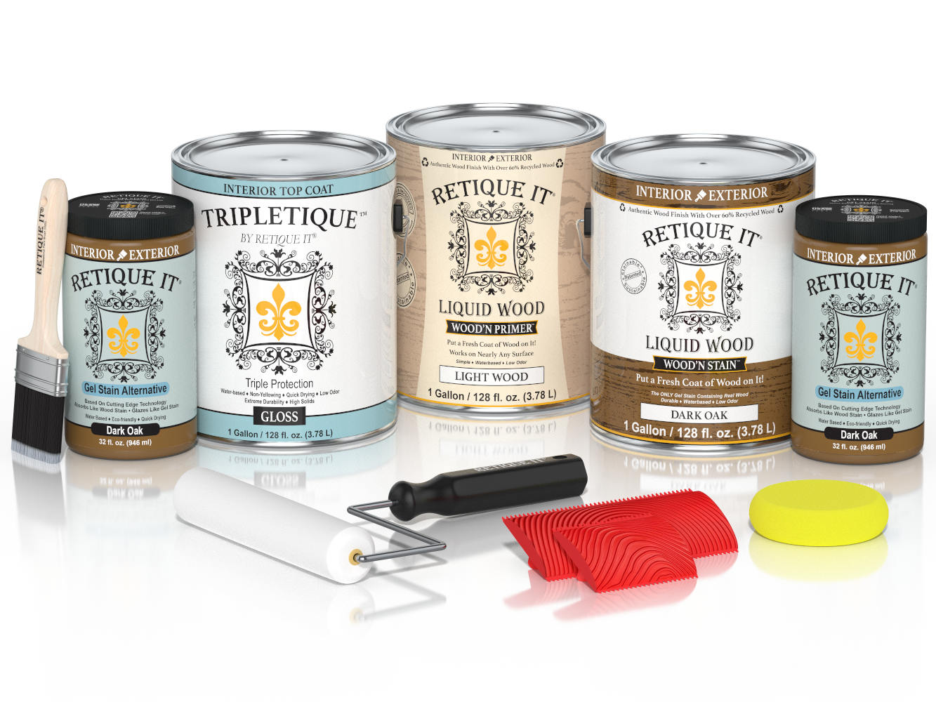 Retique It® Wood'n Kit Dark Oak interior top coat with four large bottles, showcasing glossy wood finish for furniture and decor.