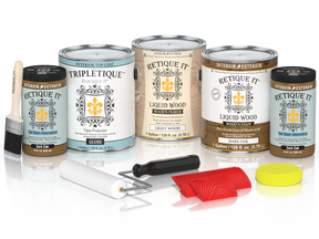 Retique It® Wood'n Kit Dark Oak interior top coat with four large bottles, showcasing glossy wood finish for furniture and decor.