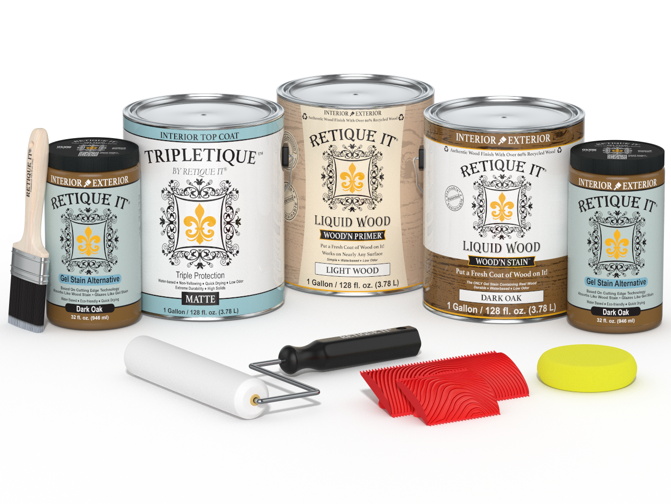 Retique It® Wood'n Kit in Dark Oak, interior top coat, with four large containers, matte finish for wood furniture or surfaces.
