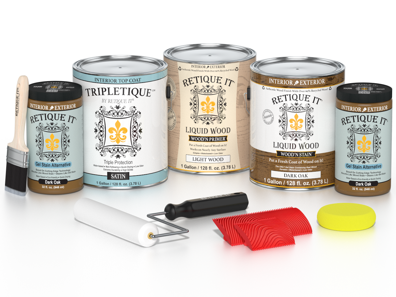 Retique It® Wood'n Kit in Dark Oak with satin finish, featuring four large wood finish containers for interior top coating.