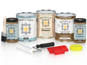 Retique It® Wood'n Kit in Dark Oak with satin finish, featuring four large wood finish containers for interior top coating.