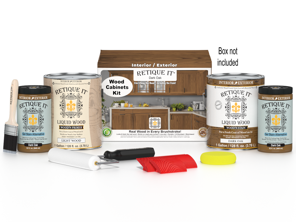 Dark oak Wood'n Cabinet Kit with 48 grained cabinet doors, featuring stain finishes, by Retique It®.