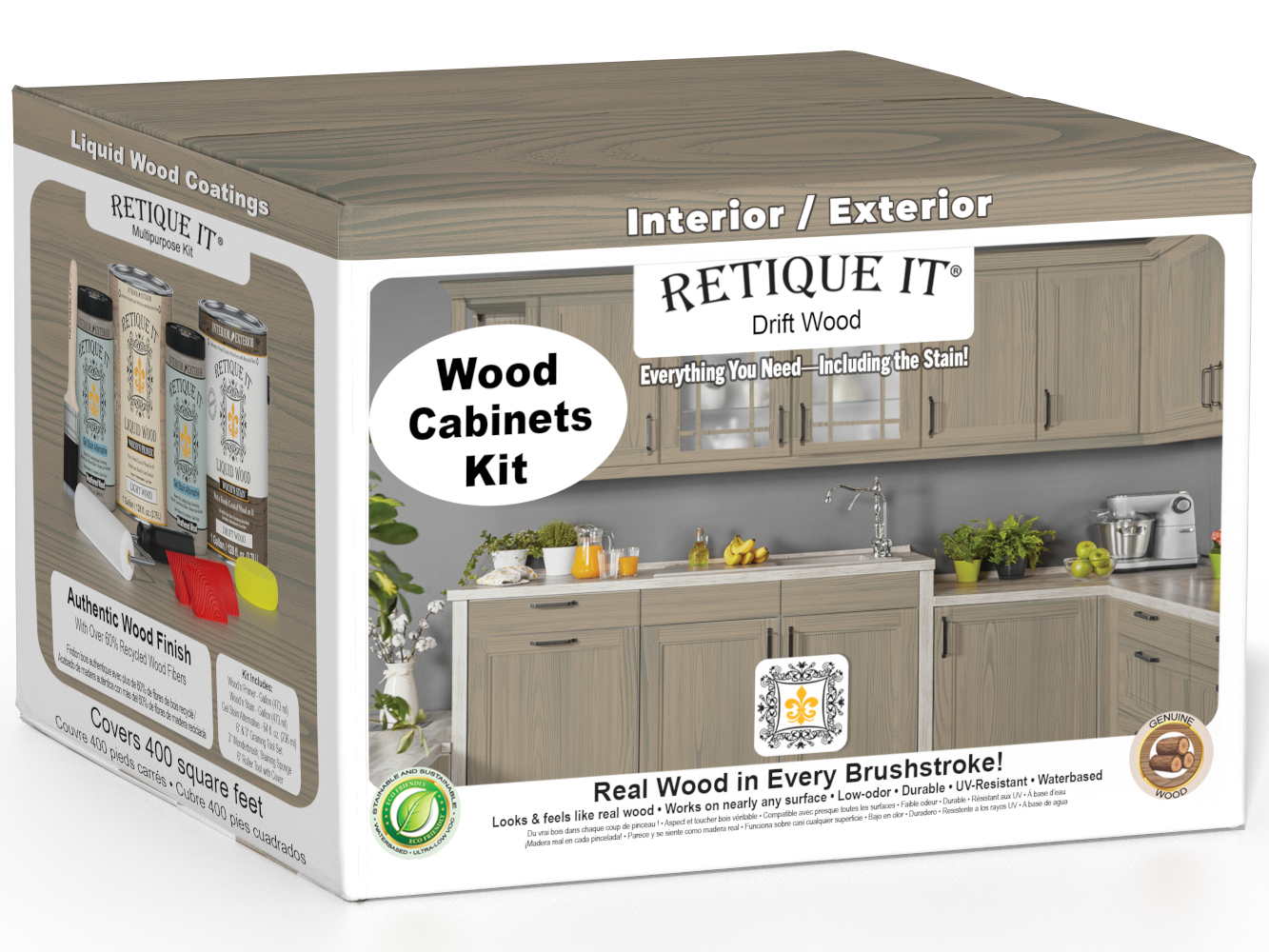 Retique It® Wood'n Cabinet Kit with 48 driftwood-grained stained cabinet doors, featuring natural wood texture and finish.