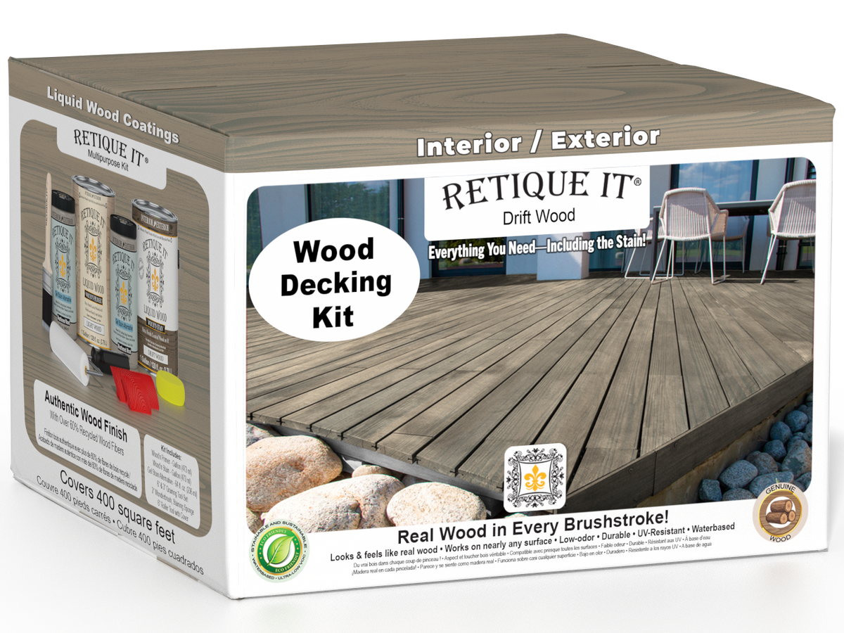 Retique It Decking Wood'n Kit in Drift Wood stain showing a natural wood deck with rich, weathered driftwood finish.