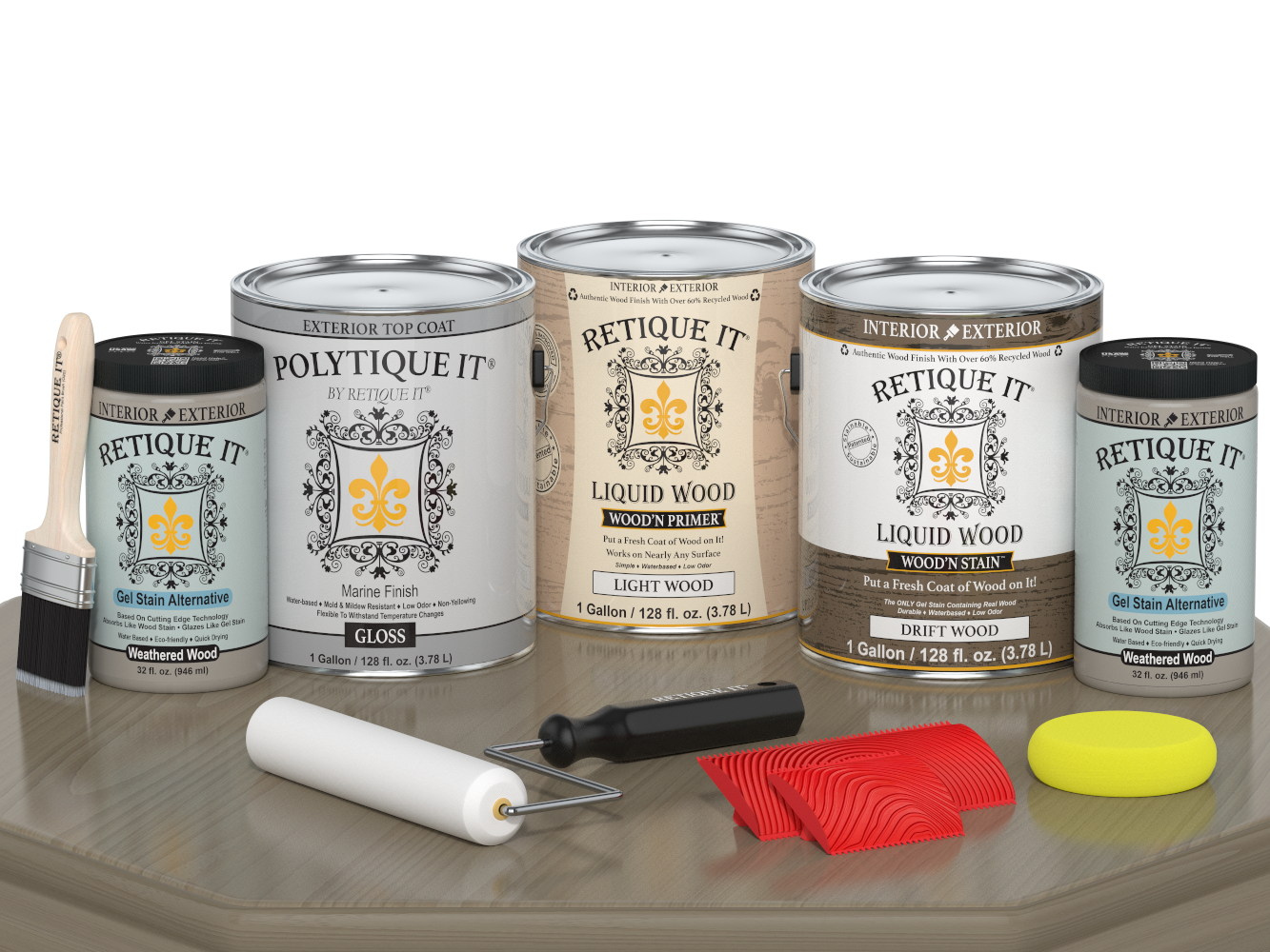 Retique It® Wood'n Finish Kit with four large driftwood exterior top coats, gloss finish, shown in a tabletop application.
