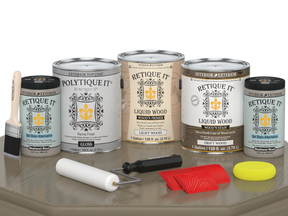 Retique It® Wood'n Finish Kit with four large driftwood exterior top coats, gloss finish, shown in a tabletop application.