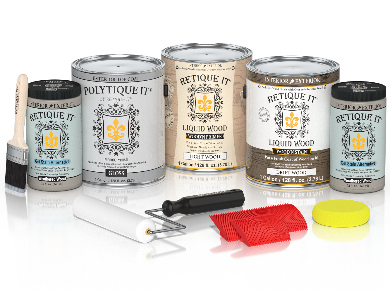 Retique It® Wood'n Finish Kit with four large driftwood exterior top coat bottles, glossy wood treatment for outdoor projects.