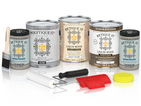 Retique It® Wood'n Finish Kit with four large driftwood exterior top coat bottles, glossy wood treatment for outdoor projects.