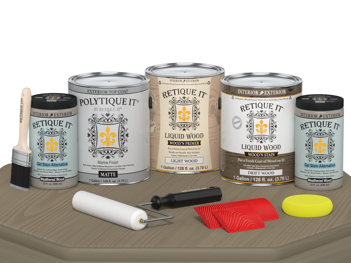 Retique It® Wood'n Finish Kit with four large driftwood exterior top coats in matte finish, suitable for multi-purpose wood projects.