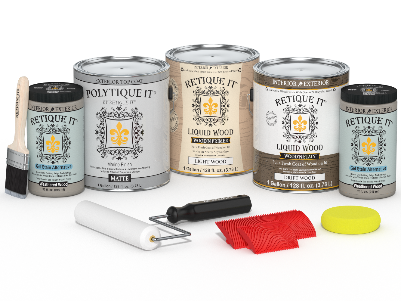 Retique It® Wood'n Finish Kit with four large driftwood exterior top coats in matte, ideal for wood finishing projects.