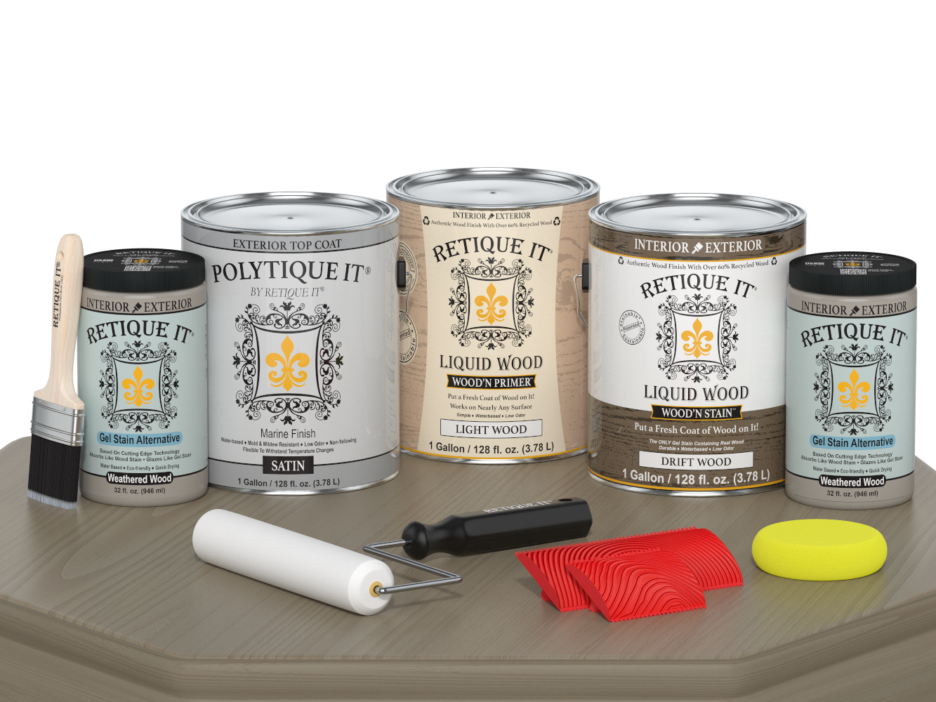Retique It® Wood'n Finish Kit with four large driftwood exterior top coat bottles, satin finish, for wood protection and enhancement.