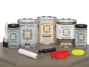 Retique It® Wood'n Finish Kit with four large driftwood exterior top coat bottles, satin finish, for wood protection and enhancement.