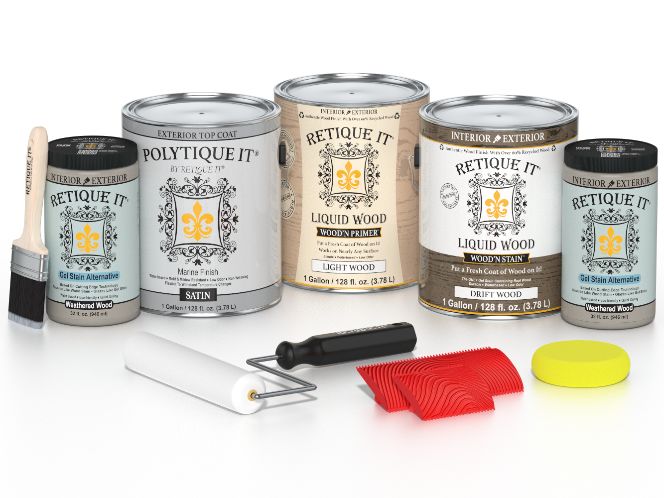 Retique It® Wood'n Finish Kit with four large driftwood exterior top coat containers, satin finish, for multi-purpose wood projects.